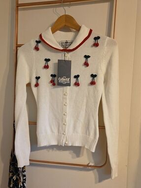Collectif White Cherry-Embroidered Cardigan Sweater